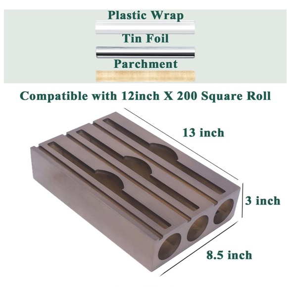 NEW 3 in 1 Bamboo Wrap Dispenser with Cutter Organizer Fits 12" Rolls - Picture 6 of 7